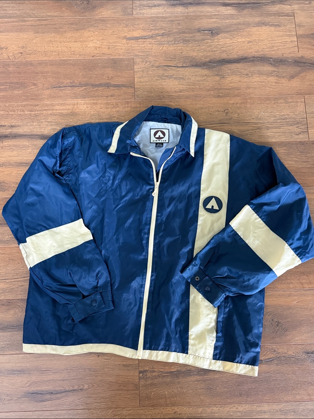 Airwalk Navy and Cream Stripe Men's Windbreaker Jacket Y2K vintage